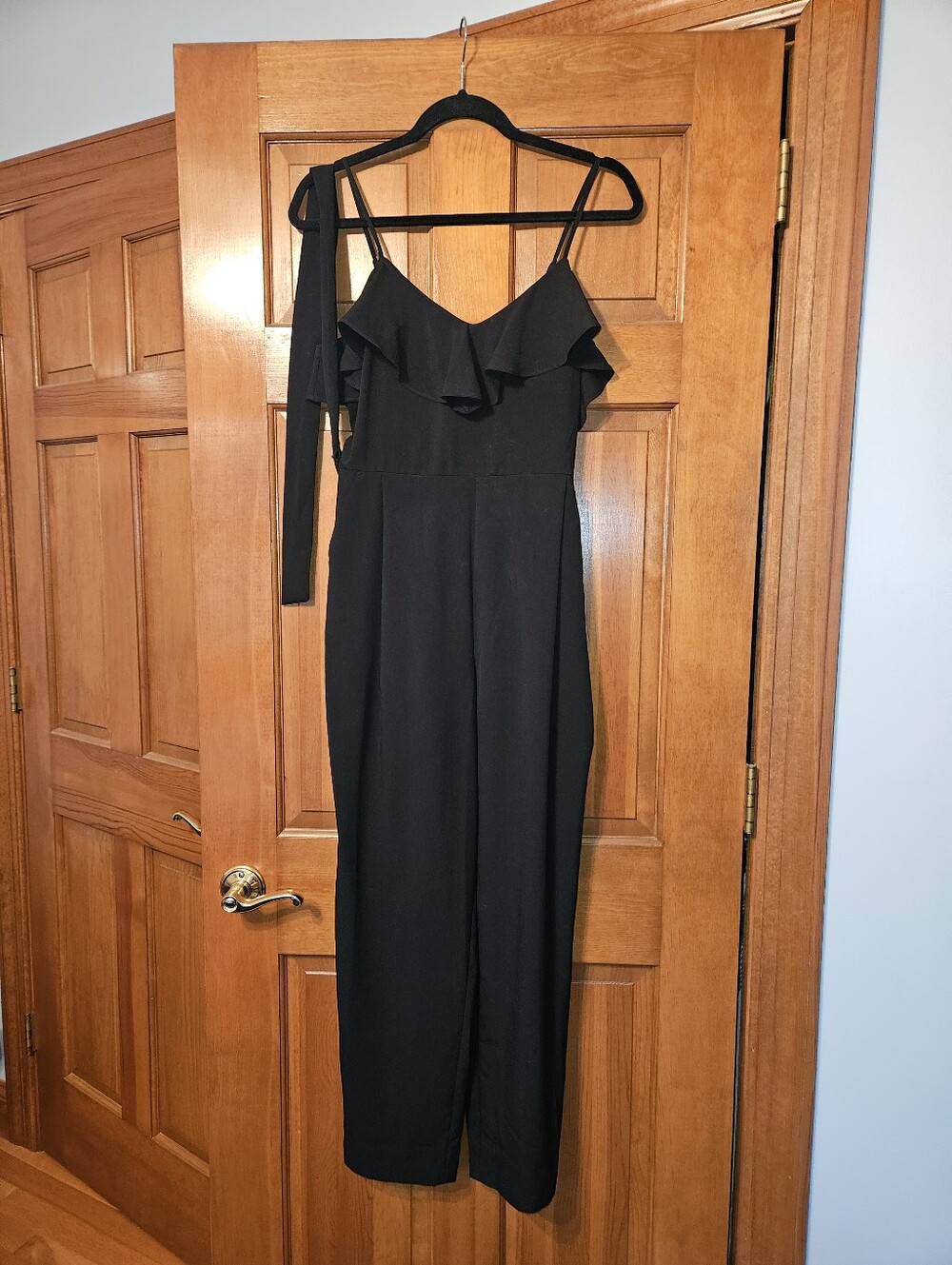 Black Ruffle-Trim Belted Jumpsuit